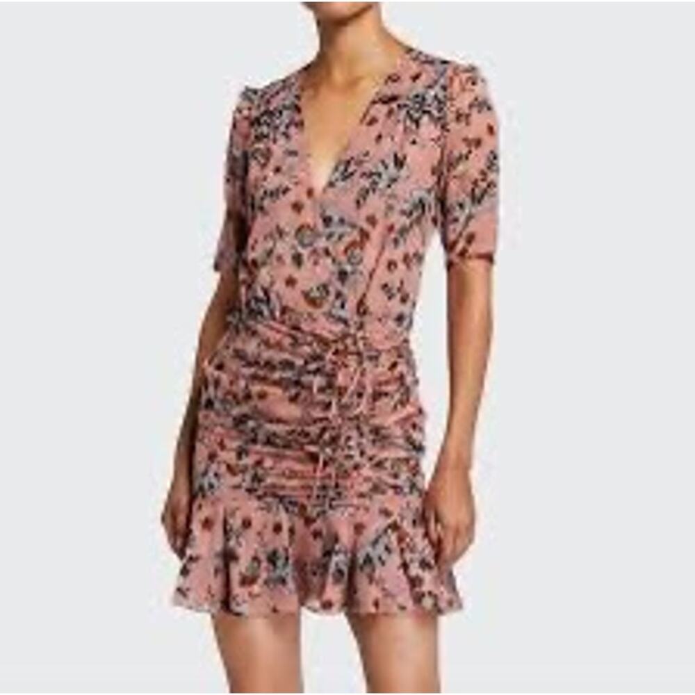 VERONICA BEARD Dakota Silk Metallic Ruched Floral Dress Pink Size 2